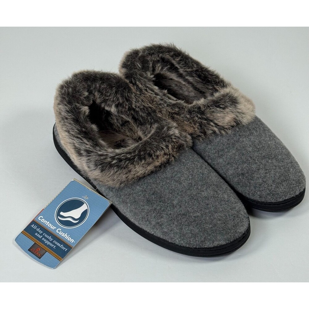 Acorn Slippers Womens 5-6 Gray Chinchilla Collar Stone Gray Faux Fur Lined Cozy